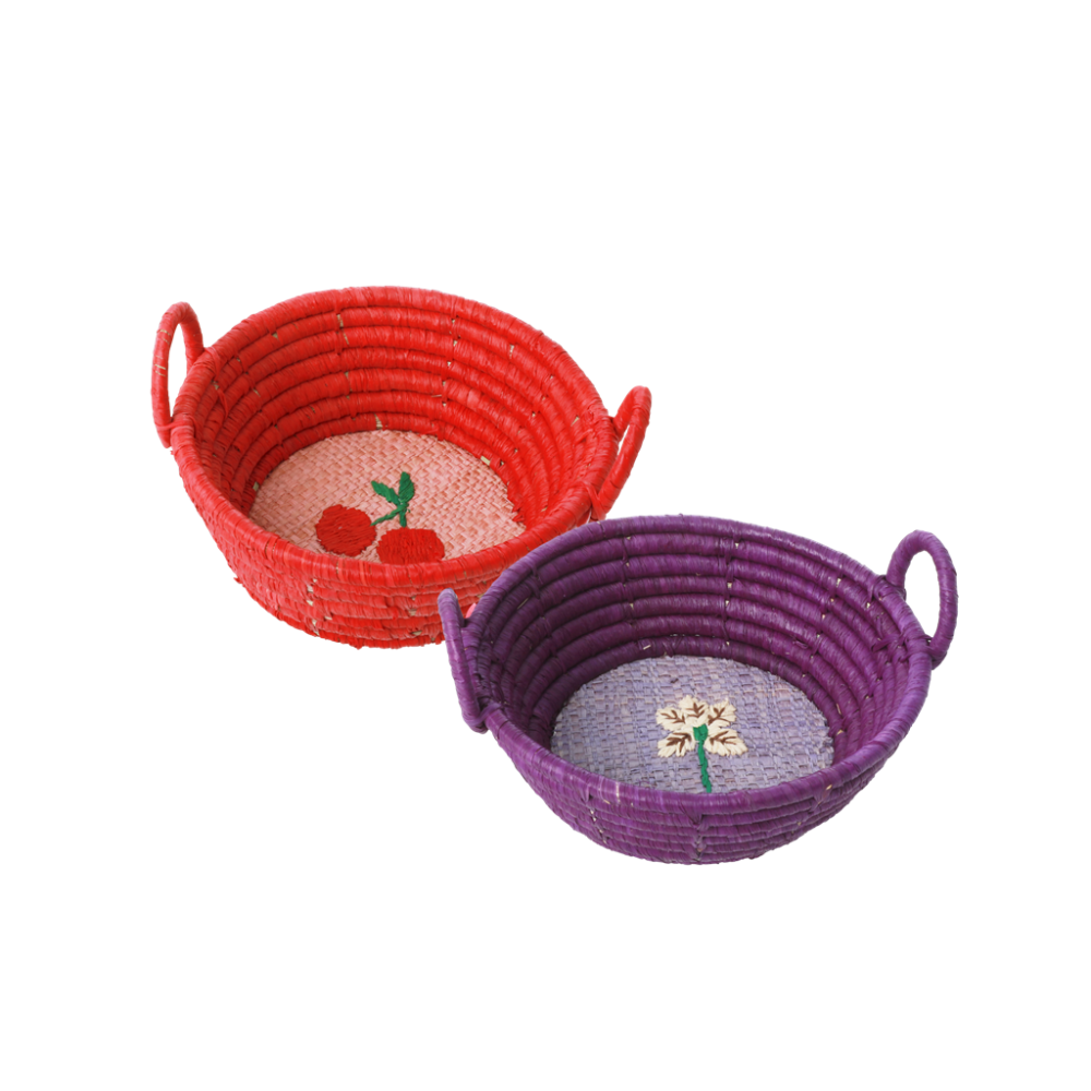 Small Round Raffia Basket Embroidered Cherries or Iris By Rice DK